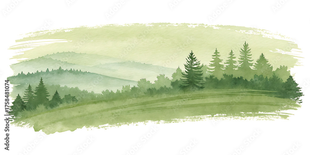 Fototapeta premium Misty green forest landscape painted in watercolor style