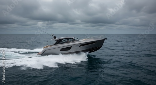Modern motor yacht speeding across the ocean under a dramatic cloudy sky