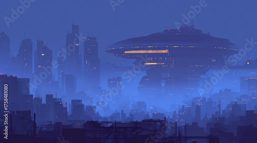 Foggy night flat 2D illustration of futuristic alien megastructure cityscape, brutalist architecture and soft mist evoke cinematic sci-fi atmosphere.