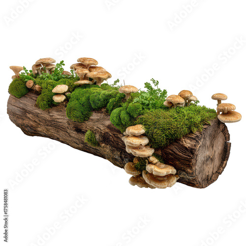 Serene fallen log covered with lush green moss and wild brown mushroom. An organic, isolated woodland element showcasing natural forest decay on transparency background