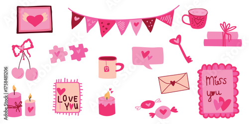 Flat vector pink Valentine clipart set with love messages, sweets, key, candle, romantic elements for stickers and decor