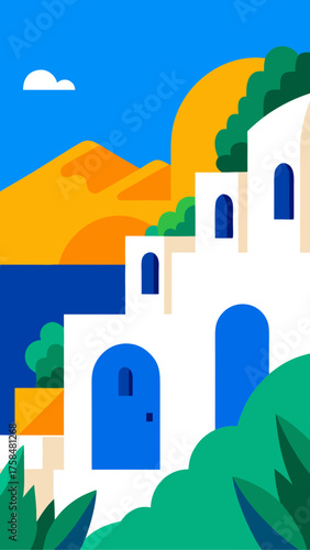 Illustration of greek architecture with blue sea view