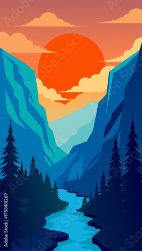 Landscape with river mountains and sunset illustration