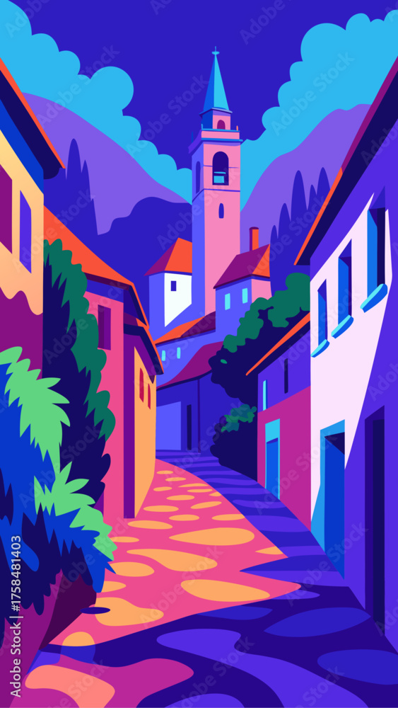 Naklejka premium Illustration of a narrow street with a church tower