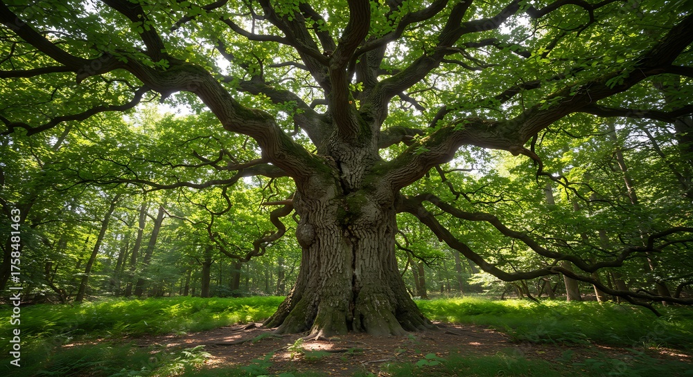 Naklejka premium Majestic old tree with lush green foliage in natural woodland environment