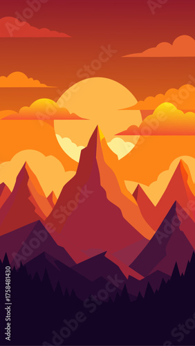 Illustration of mountains at sunset with orange sky