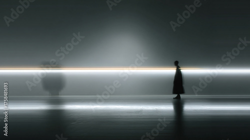 Hyperrealistic image of a blurred figure crossing a beam of light creating motion effect and dramatic atmosphere symbolizing speed, mystery, and cinematic storytelling