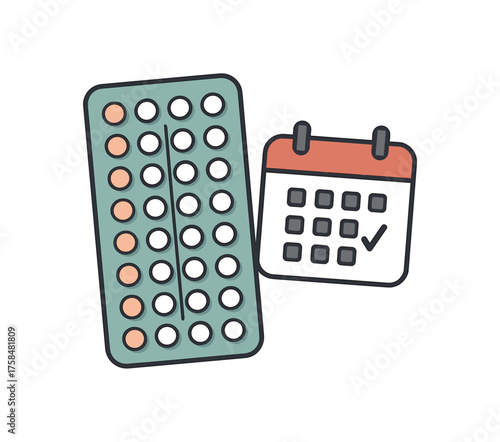 contraceptive pill pack with calendar symbol flat vector illustration style isolated on white background