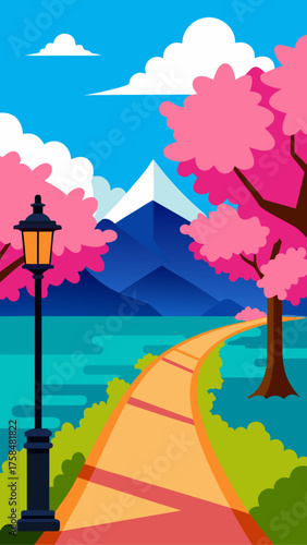 Landscape view with path and cherry blossom trees