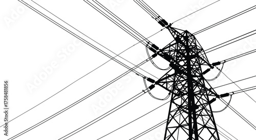 High voltage power transmission tower with multiple electric lines, energy infrastructure silhouette illustration, industrial electricity distribution network, utility pole structure vector design