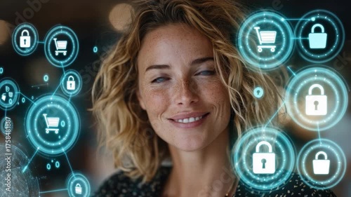 Smiling Woman with Freckles and Curly Hair Surrounded by E-commerce Icons and Digital Symbols Representing Online Shopping and Security