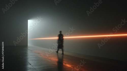 Hyperrealistic image of a blurred figure crossing a beam of light creating motion effect and dramatic atmosphere symbolizing speed, mystery, and cinematic storytelling