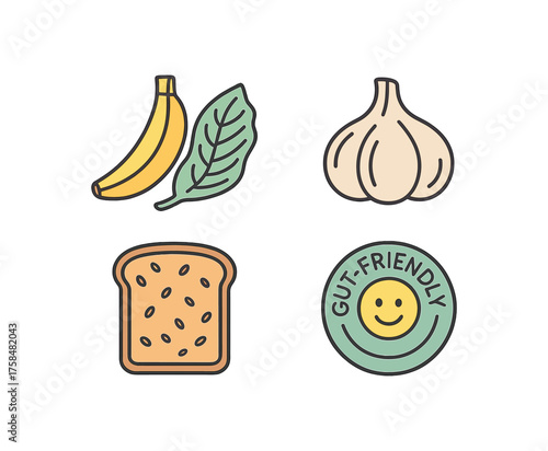 outline colorful icon 4 isolated on transparent background flat vector illustration style prebiotic food theme including banana fiber garlic bulb whole grain toast and gut friendly label