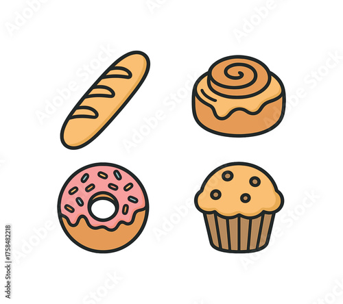 outline colorful icon 4 isolated on transparent background flat vector illustration style bakery theme including baguette cinnamon roll donut with sprinkles and muffin