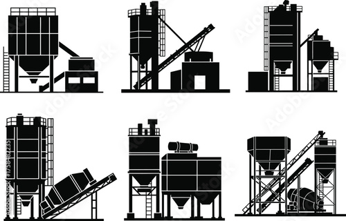 Concrete batching plant silhouette vector, cement mixer facility illustration, industrial construction equipment, silo and conveyor system, black isolated graphic