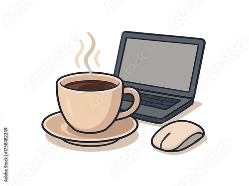 cup of coffee remote work flat vector illustration style isolated on white background