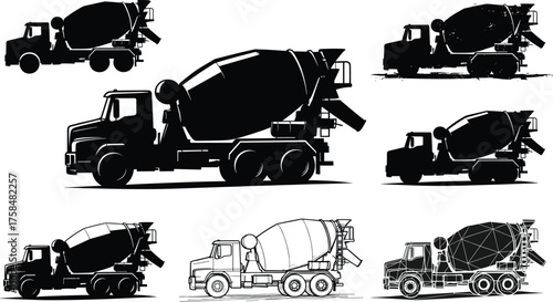 Cement mixer truck vector set, silhouette, outline, polygon style, construction vehicle illustration, side view, industrial transport, editable graphic bundle
