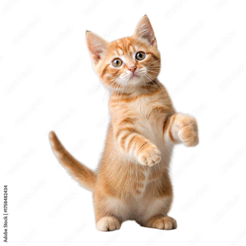 Obraz premium Adorable orange tabby kitten standing on hind legs with front paws raised playfully isolated on transparent background