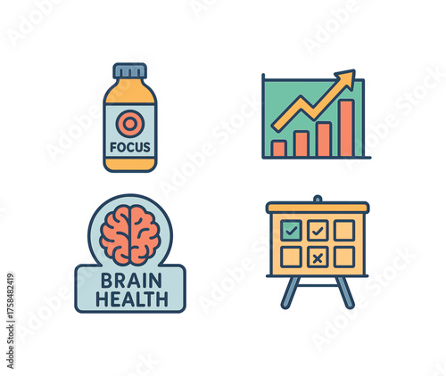 outline colorful icon 4 isolated on transparent background flat vector illustration style nootropic nutrition theme including focus drink bottle productivity chart brain health label and