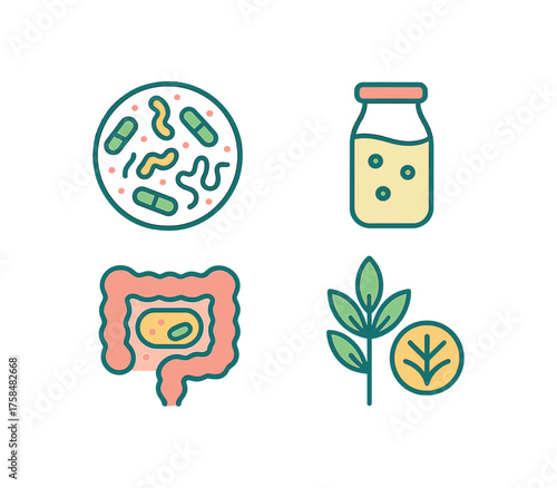 outline colorful icon 4 isolated on transparent background flat vector illustration style microbiome diversity theme including microbiome circle probiotic drink shot gut flora diagram and