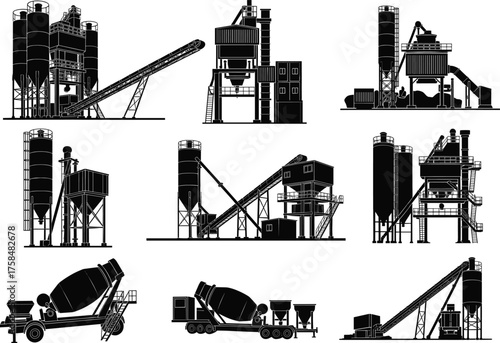 Concrete batching plant vector set, cement mixer truck illustrations, industrial construction equipment, mobile and stationary mixing systems, silo conveyor graphics