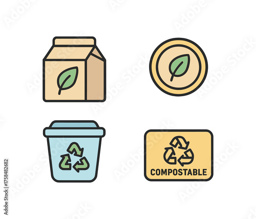 outline colorful icon 4 isolated on transparent background flat vector illustration style eco packaging theme including biodegradable package leaf badge recyclable container and compostable