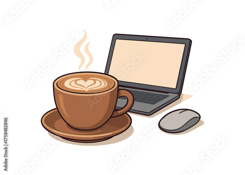 cup of latte remote work flat vector illustration style isolated on white background