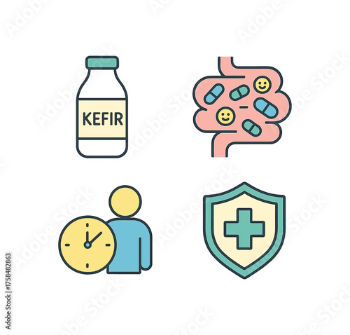 outline colorful icon 4 isolated on transparent background flat vector illustration style probiotic lifestyle theme including kefir bottle gut flora illustration daily routine symbol and
