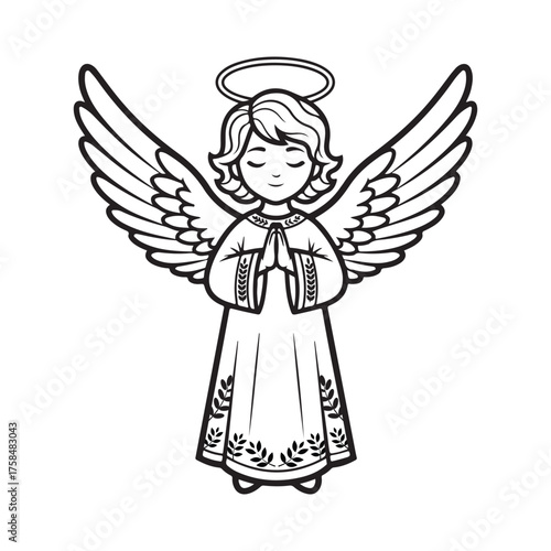A young angel with closed eyes and hands pressed together in prayer is depicted with large feathered wings and a halo above its head with a simple patterned robe