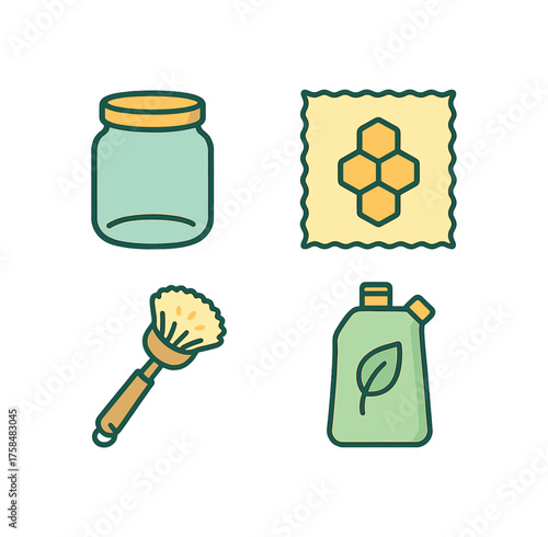 outline colorful icon 4 isolated on transparent background flat vector illustration style eco kitchen theme including reusable jar beeswax wrap bamboo brush and dish soap refill