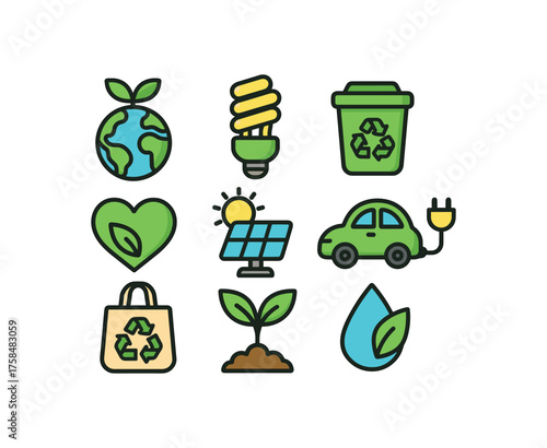 eco colorful icon set with bold outline style including green lifestyle isolated on white background