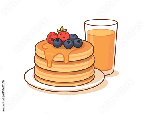 pancakes with syrup and berries glass of juice flat vector illustration style isolated on white background