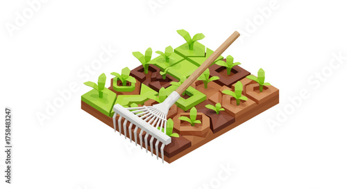 Vibrant isometric 3D illustration depicting a healthy garden plot with budding green plants and a rake, symbolizing sustainable growth, fresh produce, and the joy of home gardening