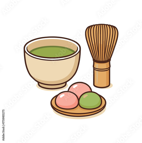 green tea cup bamboo whisk small plate with mochi flat vector illustration style isolated on white background