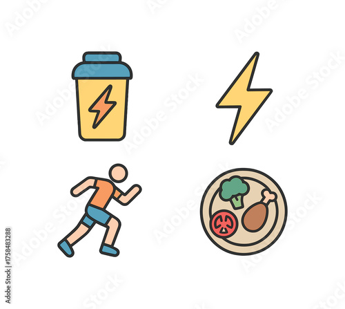 outline colorful icon 4 isolated on transparent background flat vector illustration style energy fuel theme including pre workout shake energy lightning bolt active runner and balanced meal