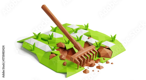 Stylized geometric illustration of a garden rake carefully preparing a fresh patch of brown soil amidst vibrant green grass, symbolizing cultivation and new beginnings in landscape design