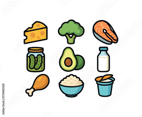 food nutrition colorful icon set with bold outline style including fermented foods isolated on white background