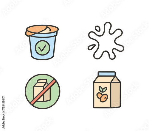outline colorful icon 4 isolated on transparent background flat vector illustration style lactose free theme including lactose free yogurt milk alternative splash no dairy badge and soy