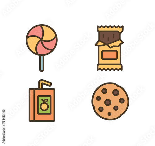 outline colorful icon 4 isolated on transparent background flat vector illustration style kids snack theme including lollipop candy bar juice box and chocolate chip cookie
