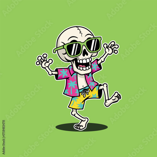 Funny vector illustration of a relaxed Miami style skull wearing sunglasses, The skull appears to be dancing happily with a cheerful expression on a green background. This design combines horror and h