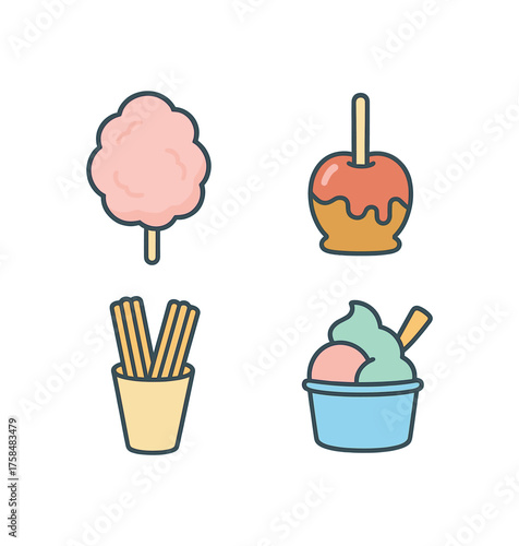 outline colorful icon 4 isolated on transparent background flat vector illustration style street sweets theme including cotton candy caramel churros and ice cream cup