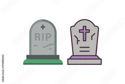 Two gray tombstones with rip and cross designs on green grass
