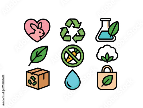 eco colorful icon set with bold outline style including cruelty free tested isolated on white background
