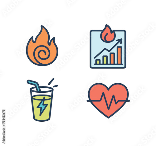 outline colorful icon 4 isolated on transparent background flat vector illustration style metabolic boost theme including metabolism flame calorie burn chart energy drink glass and active