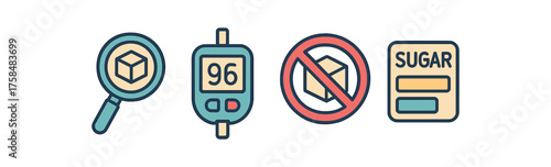 outline colorful icon 4 isolated on transparent background flat vector illustration style sugar awareness theme including magnifying glass over sugar cube sugar meter no sugar warning sign