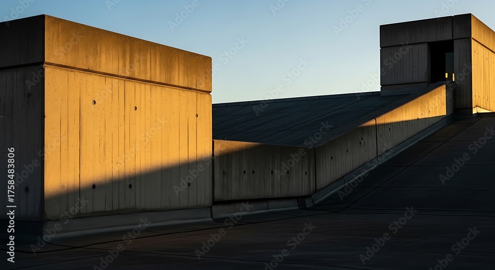 Obraz premium Geometric concrete architecture bathed in golden sunlight with shadows