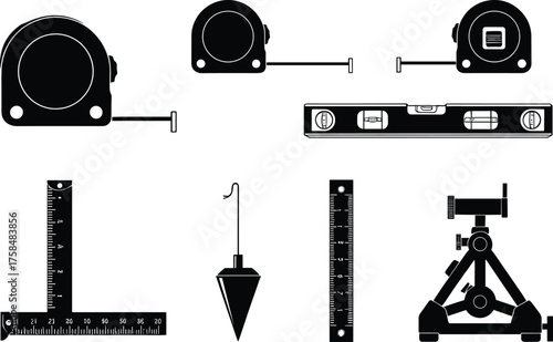 Construction tools, measuring instruments, spirit level, tape measure, plumb bob, combination square, survey equipment, engineering gear, carpentry essentials, precision alignment, vector illustration