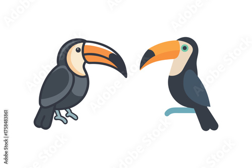 Two colorful toucans are depicted in a simplistic cartoon style illustration