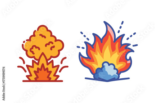 Cartoon illustration depicting a fiery explosion and burning flame icon set