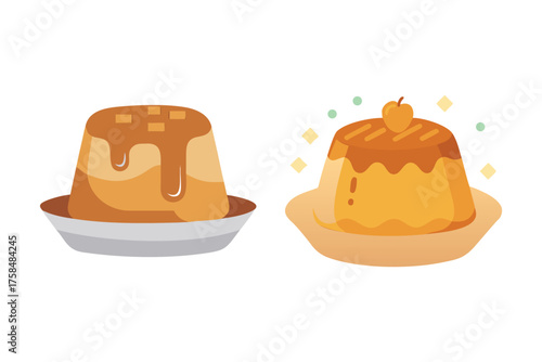 Two delightful caramel puddings presented on plates a sweet dessert image